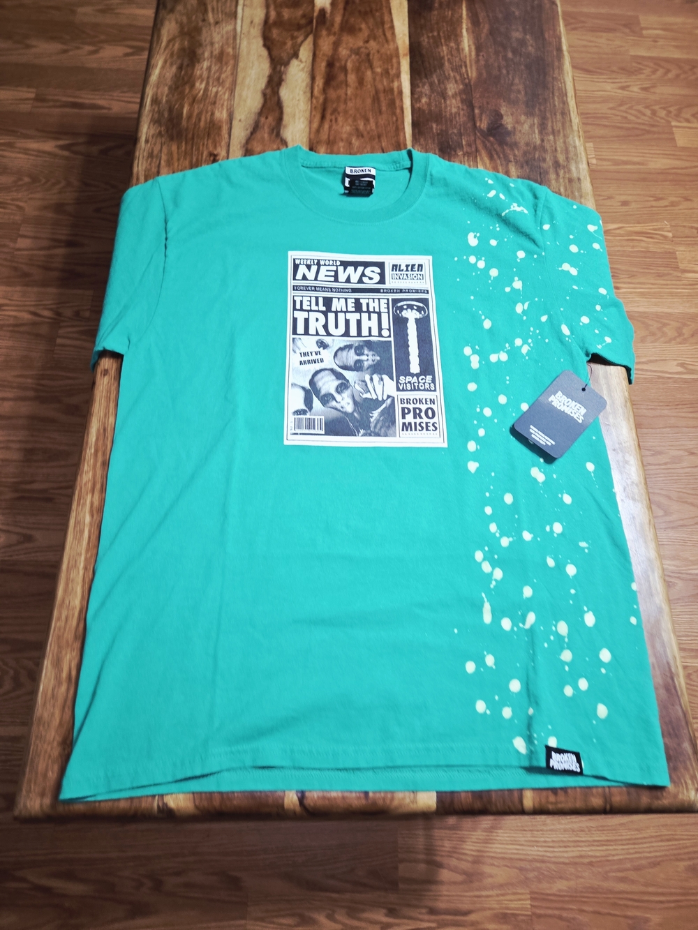 Broken Promises "Tell Me the Truth" Alien Invasion Tee - Teal W/ Bleach. Size L
